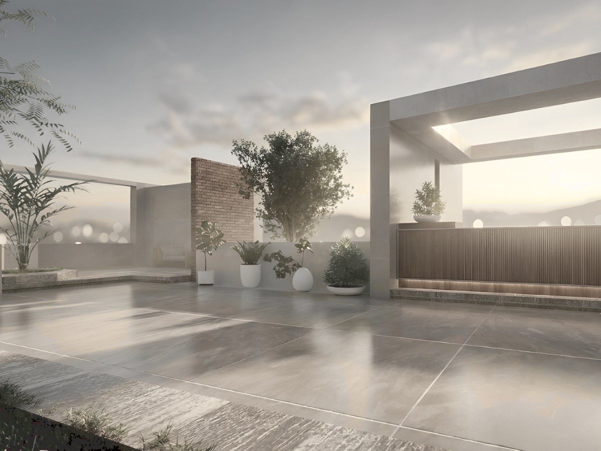 Architectural terrace and portal frame at dusk