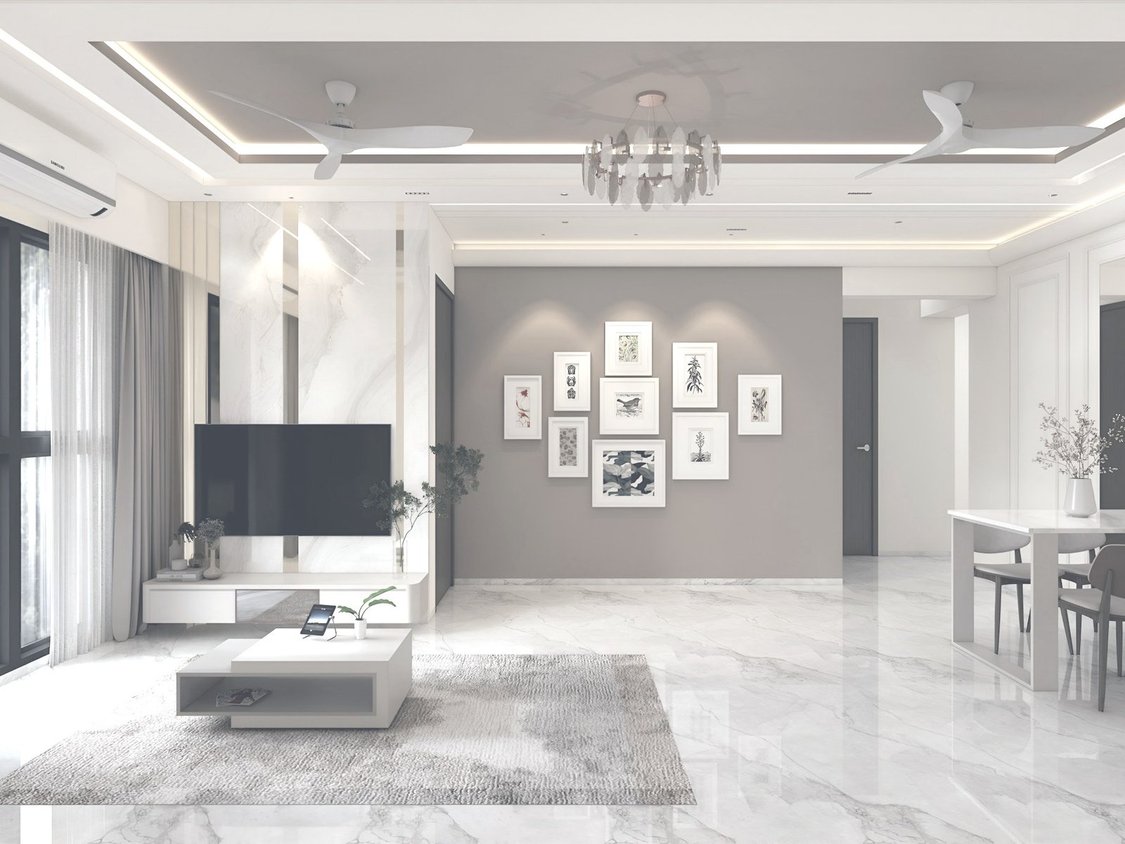 Bright open-plan living room in neutral greys, with a cove-lit ceiling, marble flooring and a curated gallery wall