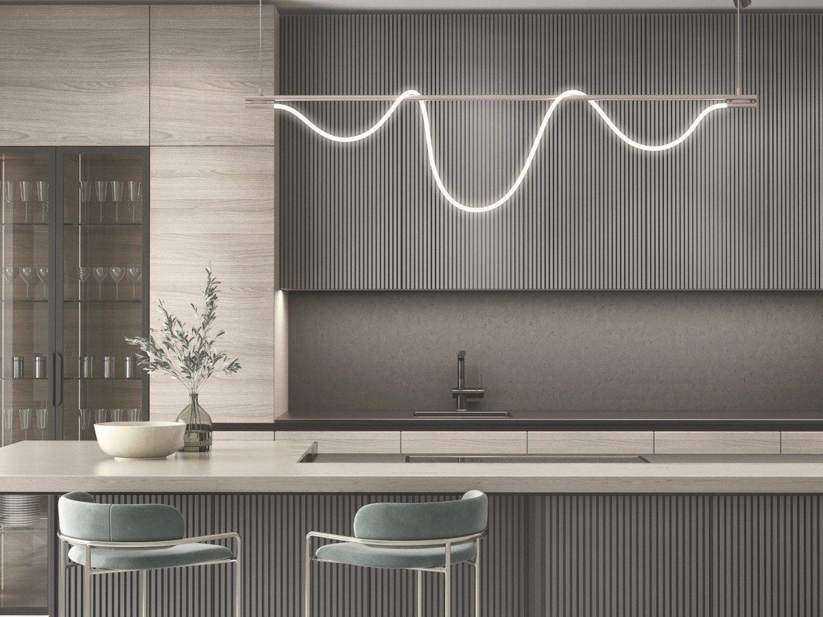 Modern kitchen with ribbed walnut cabinetry and stone island