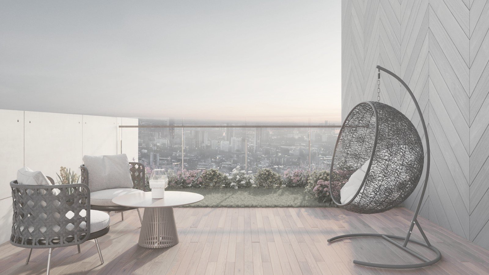 Penthouse terrace lounge with warm minimal styling