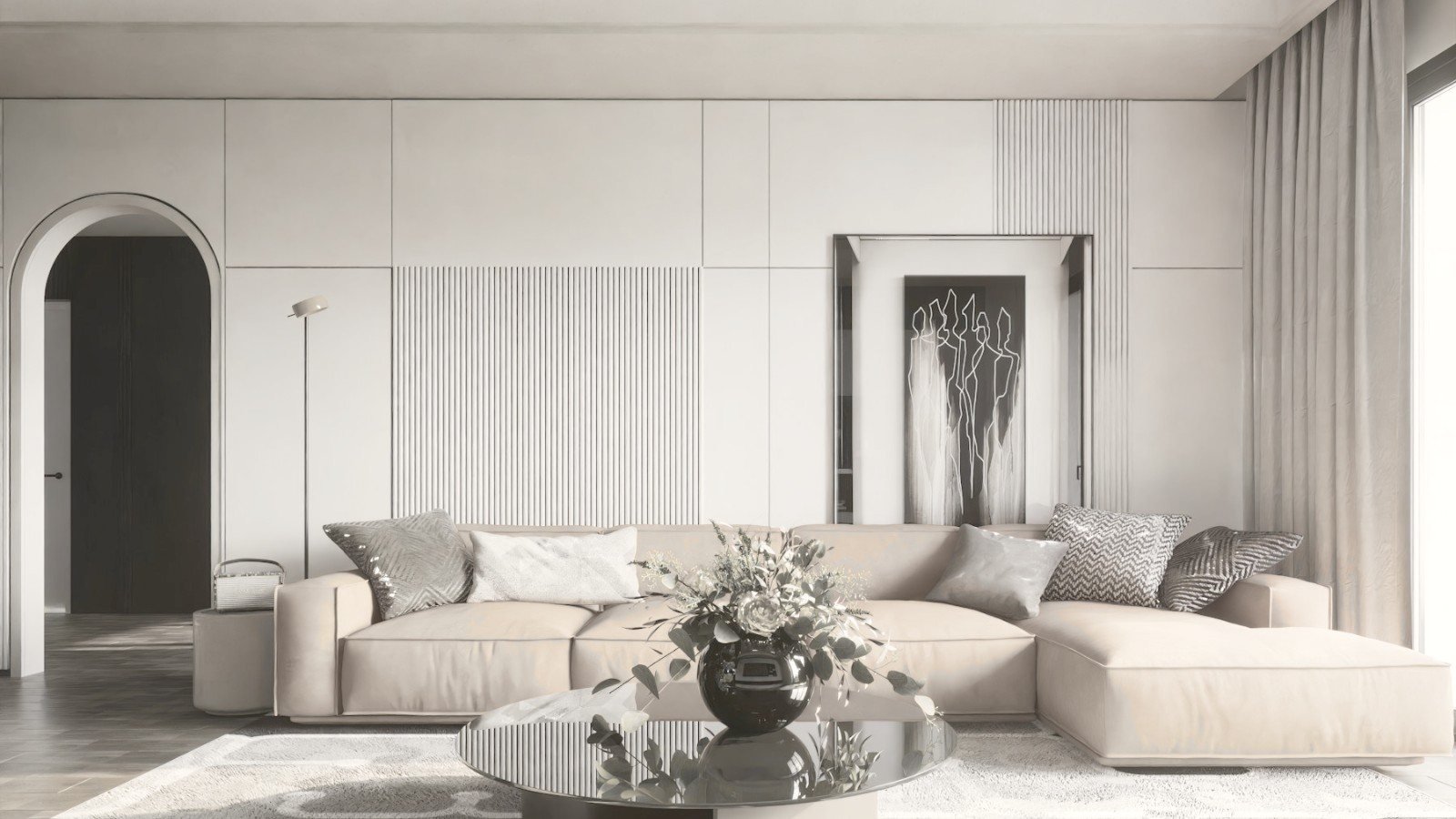 Neutral open-plan kitchen and living room with layered textures