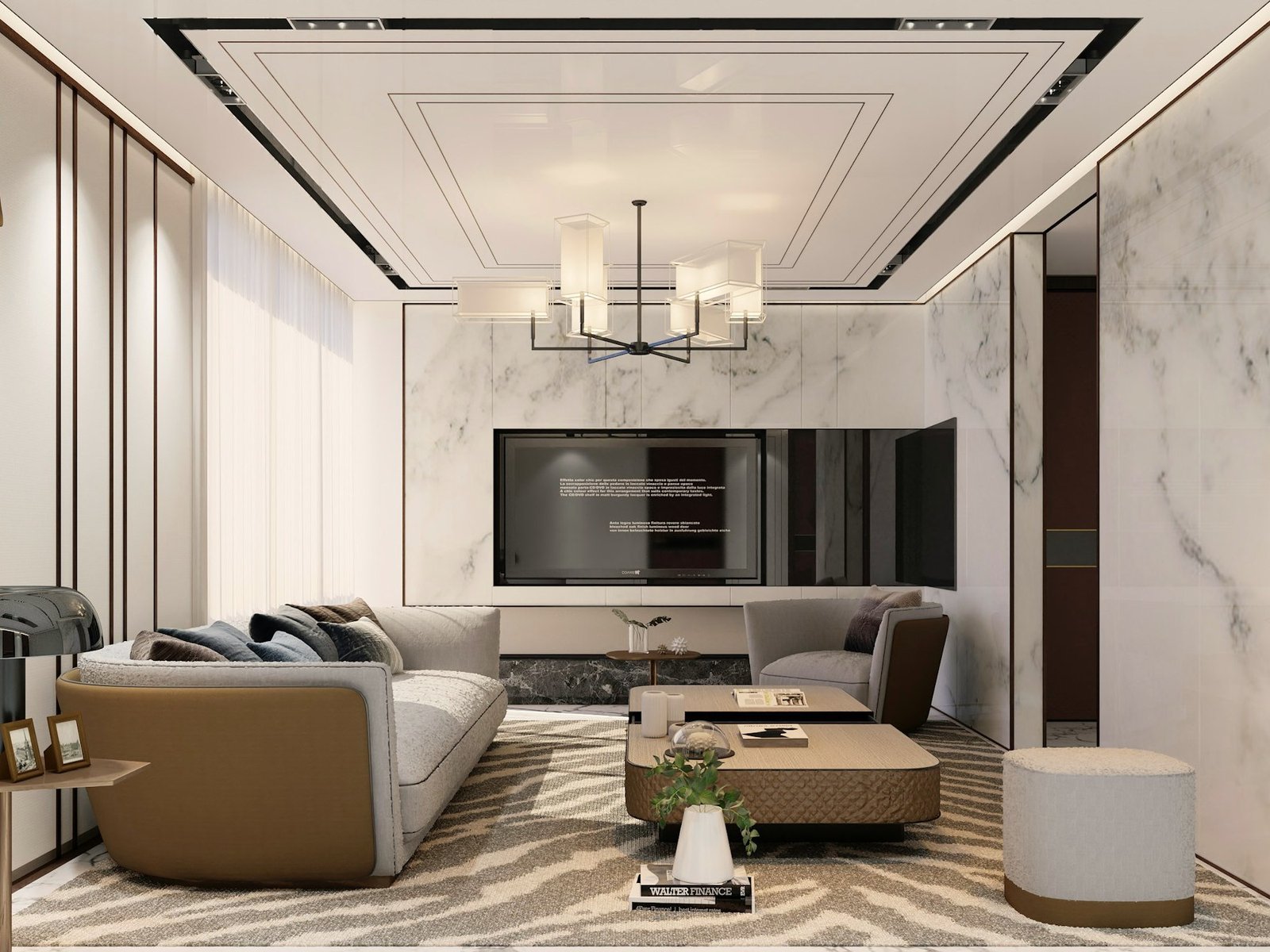Residential living room with a book-matched marble media wall, curved sofa and bronze detailing