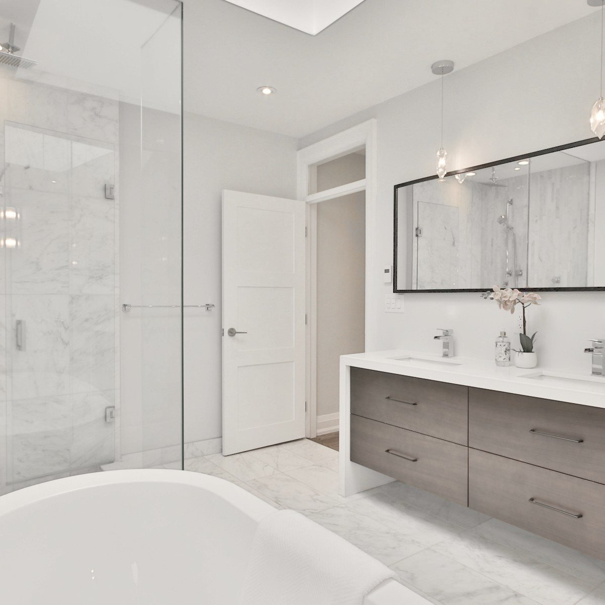 Stone bathroom with freestanding tub