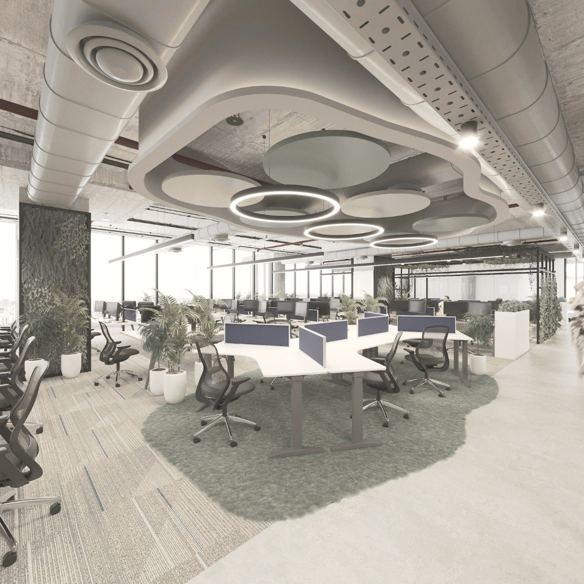 Corporate open-plan workspace with sculptural acoustic ceiling and planted partitions