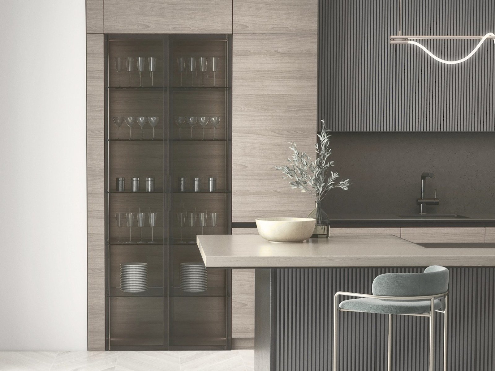 Walnut and brass kitchen with island seating