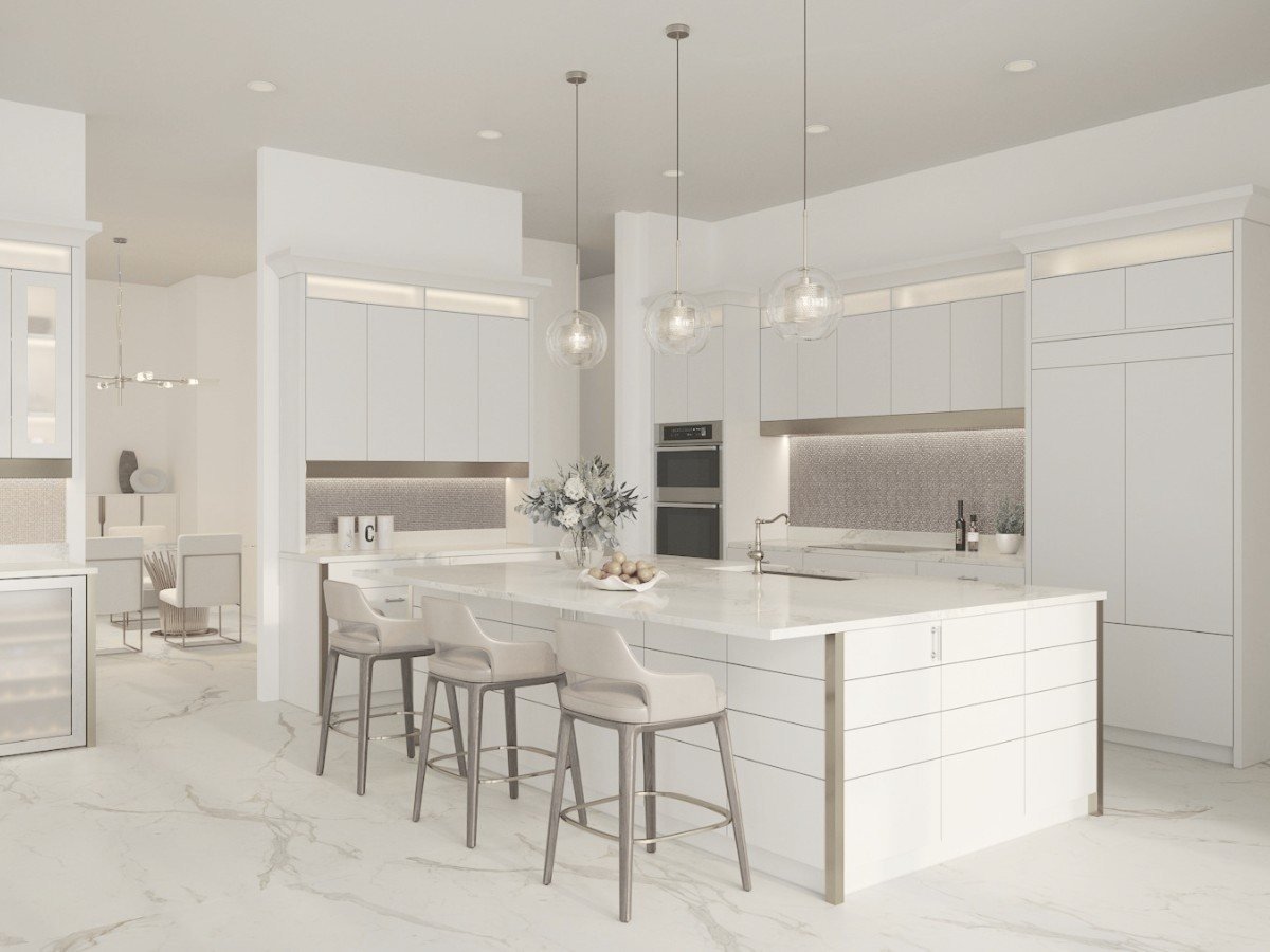 Modular kitchen with a marble island and bar seating