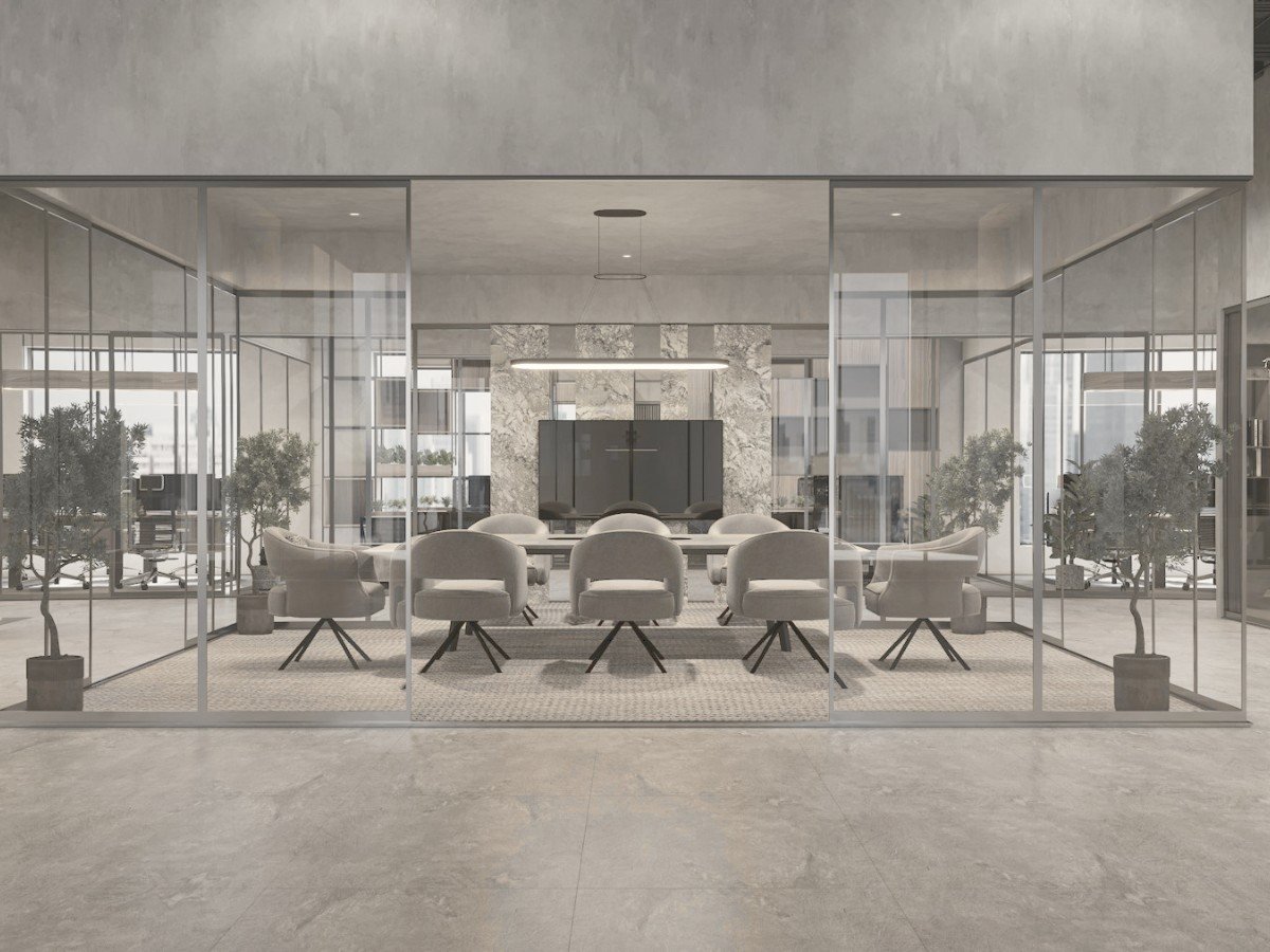 Glazed boardroom with a book-matched marble feature wall