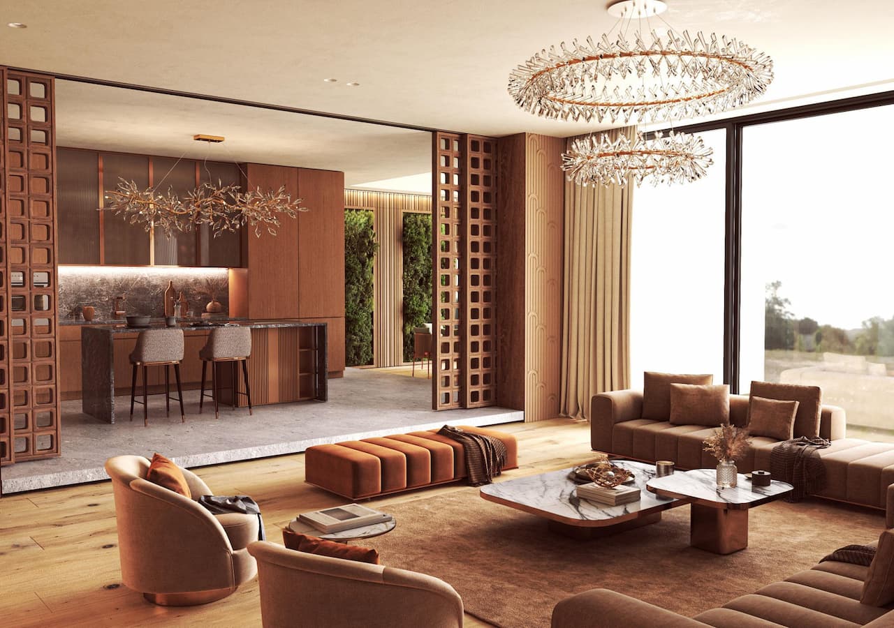 Luxury open living room and kitchen interior with earthy tones, natural light, modern furniture and warm ambient lighting