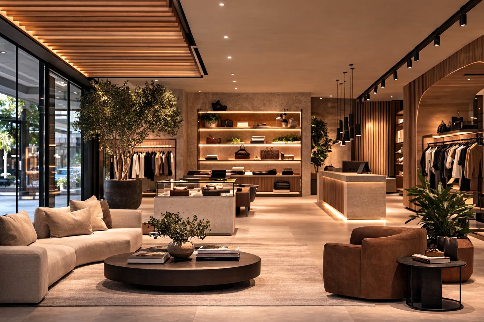 Luxury commercial retail showroom interior with warm lighting and natural materials