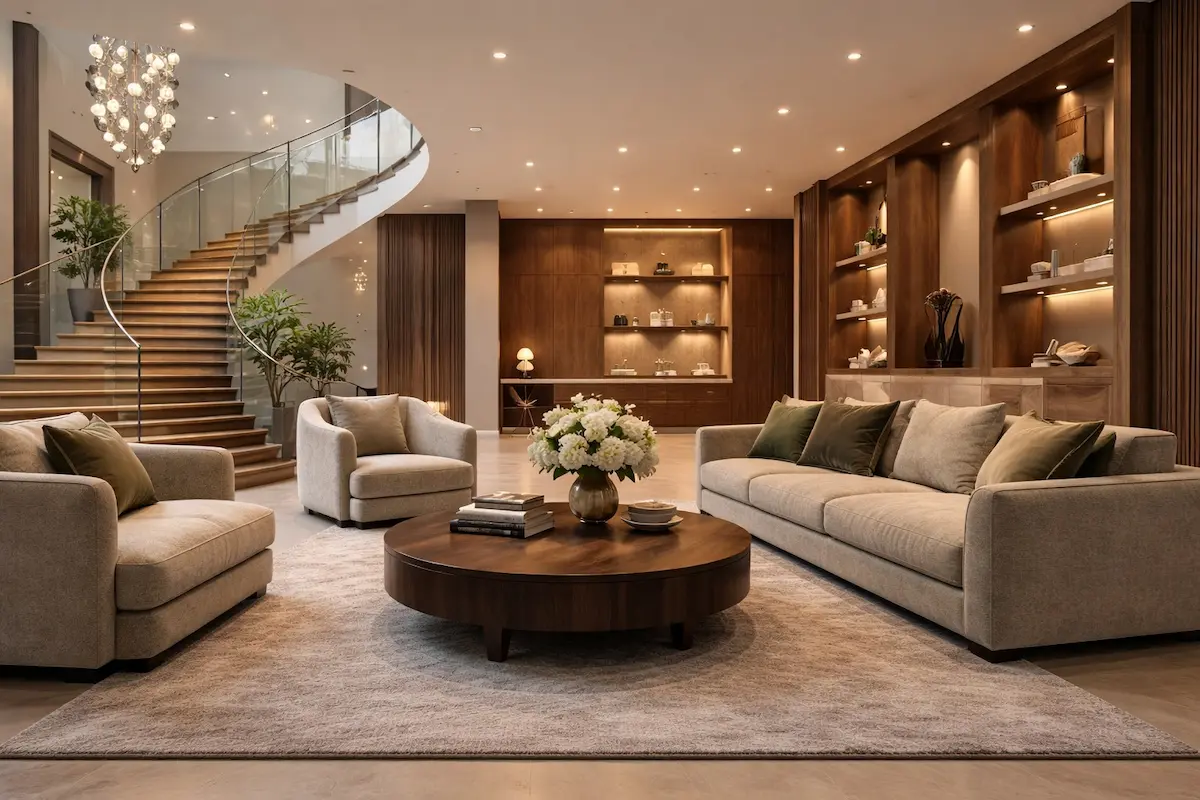 Luxury modern living room interior with warm lighting, wooden finishes, and contemporary furniture design